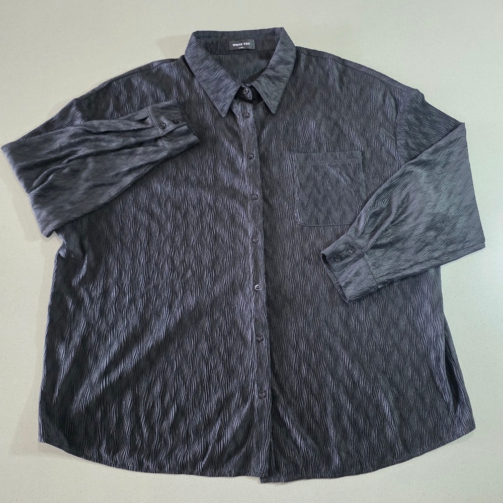 White Fox Boutique Plisse Crinkle Button Down Shirt Charcoal Grey L/XL